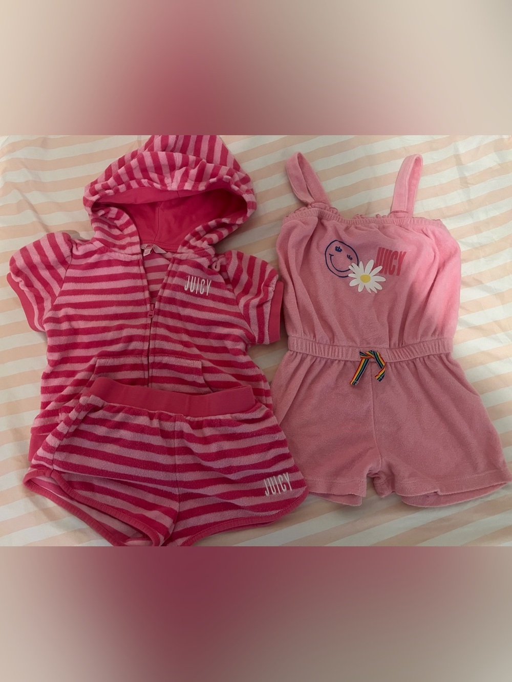 Juicy Couture Pink Striped Hooded Terry Shorts Set + Light Pink Daisy Romper